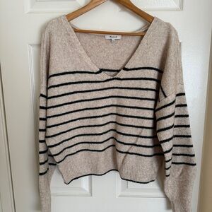 Madewell Beige and Dark Green Striped V-Neck Sweater